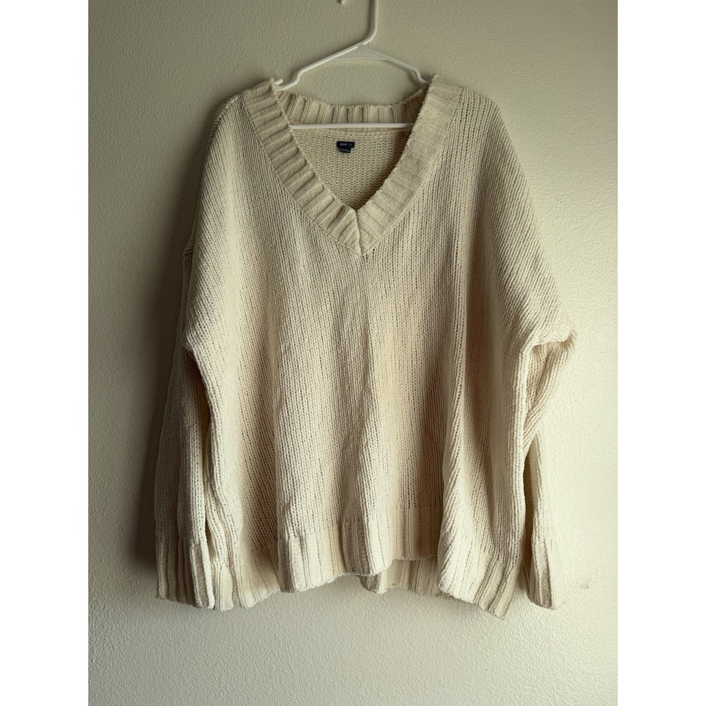 Aerie American Eagle Women Large Sweater Brown V‎ Neck Oversized Chenille Knit